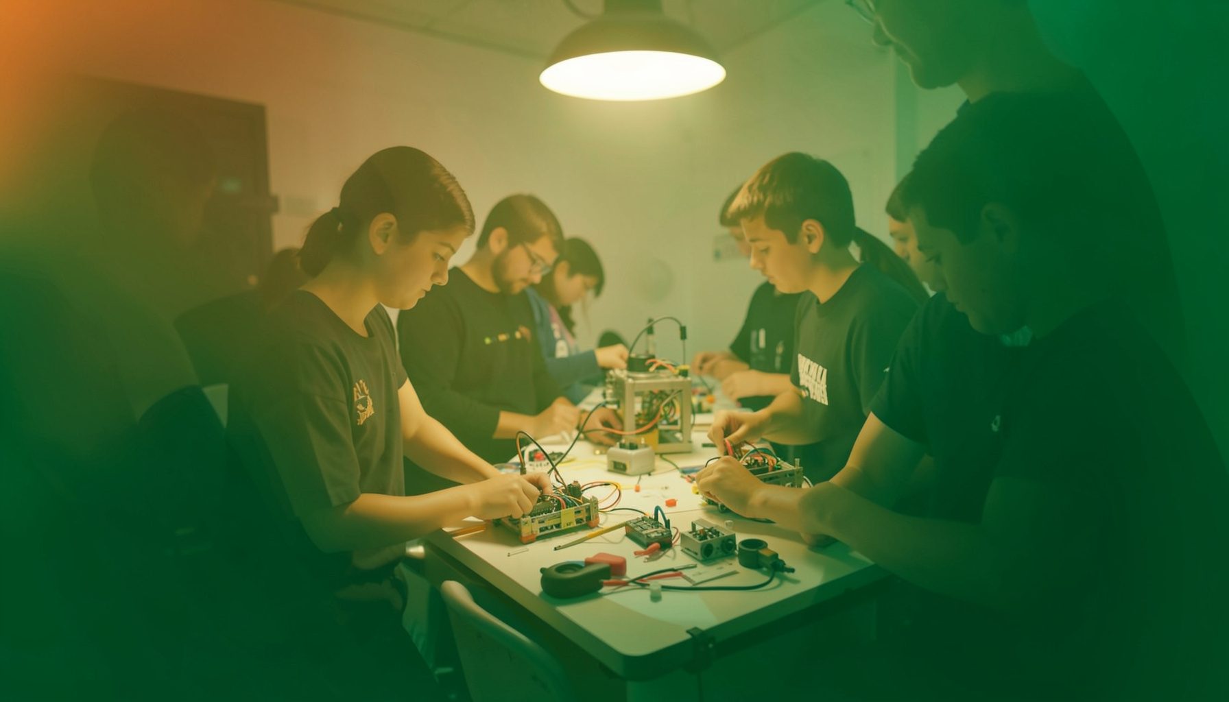 A warm, energetic scene of students gathered around a robotics workbench, hands-on with tools and parts, bathed in soft overhead light with deep green and orange accents