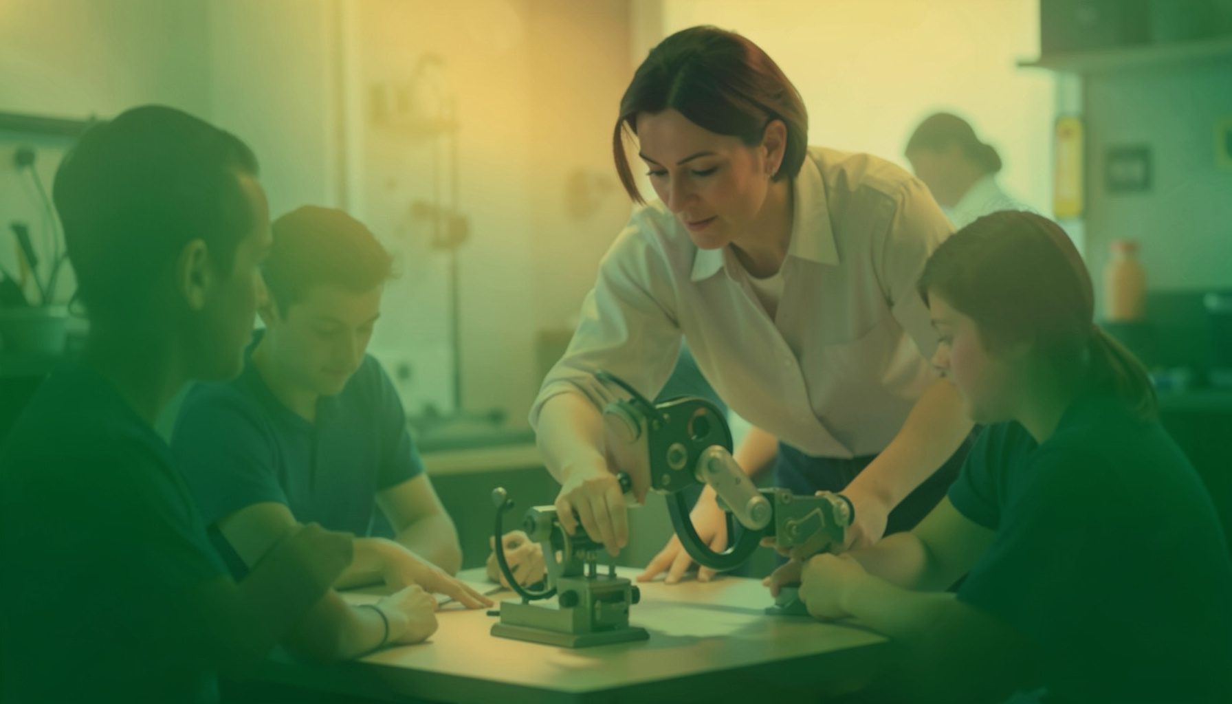 An adult mentor leaning over a table alongside students, pointing at a robot mechanism, with warm workshop lighting and a supportive atmosphere