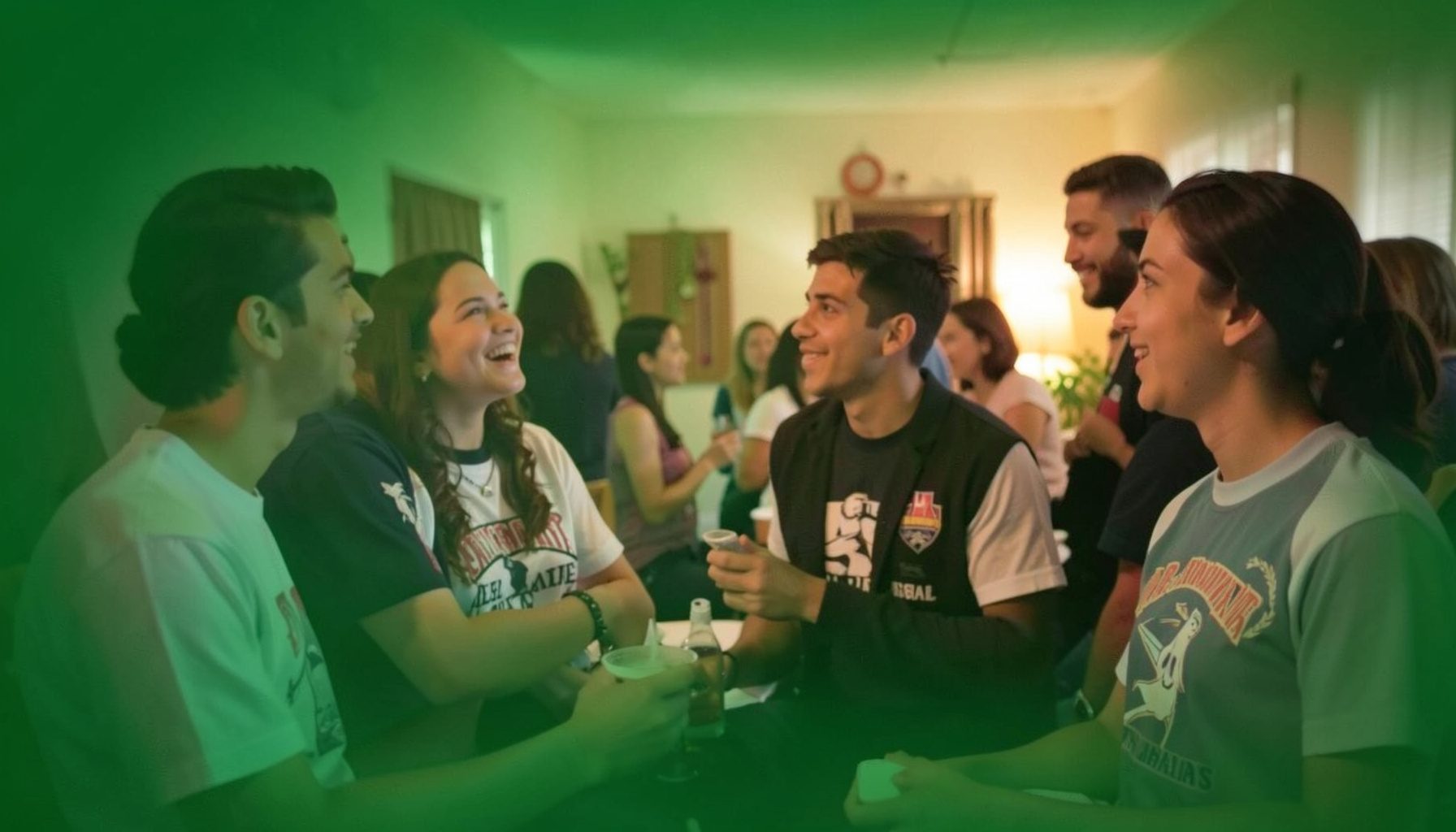 Young adults in casual conversation at a reunion-style gathering, some wearing team shirts, with a relaxed indoor setting and warm, friendly lighting