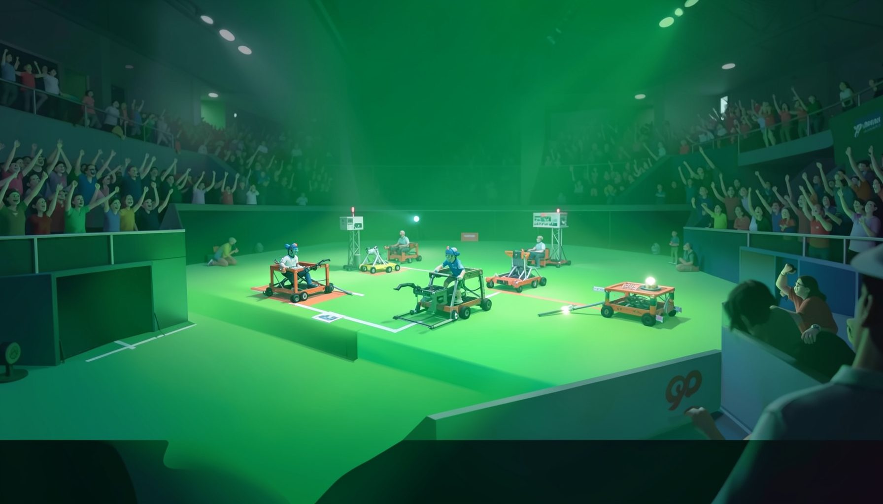 A sponsor banner displayed prominently at a robotics event, with teams competing on a brightly lit field and spectators cheering from the stands